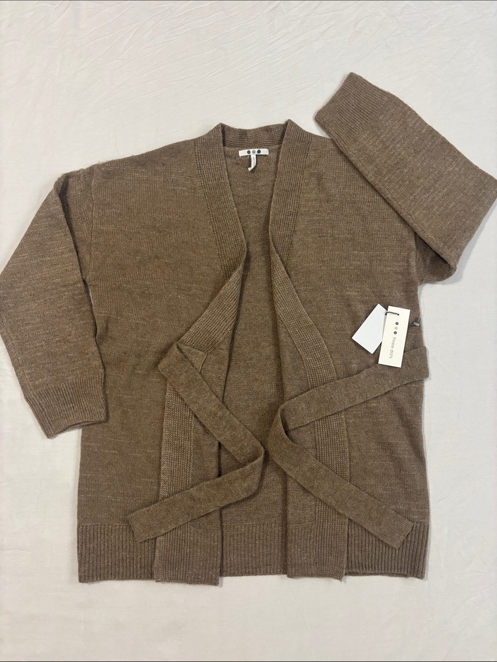 Three Dots Women's Open-Front Belted Brown Cardigan Sweater
